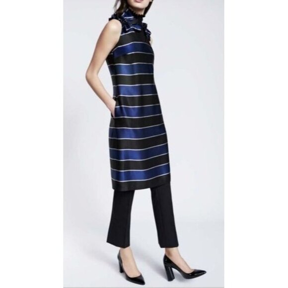 Banana Republic Blue Black Satin Ruffle Neck Sleeveless Dress Size 8 Lined - Picture 2 of 10